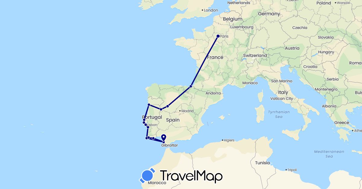 TravelMap itinerary: driving in Spain, France, Portugal (Europe)